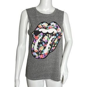 Bravado Rolling Stones Shirt‎ Womens Medium Gray Floral Lips Tongue Muscle Tee